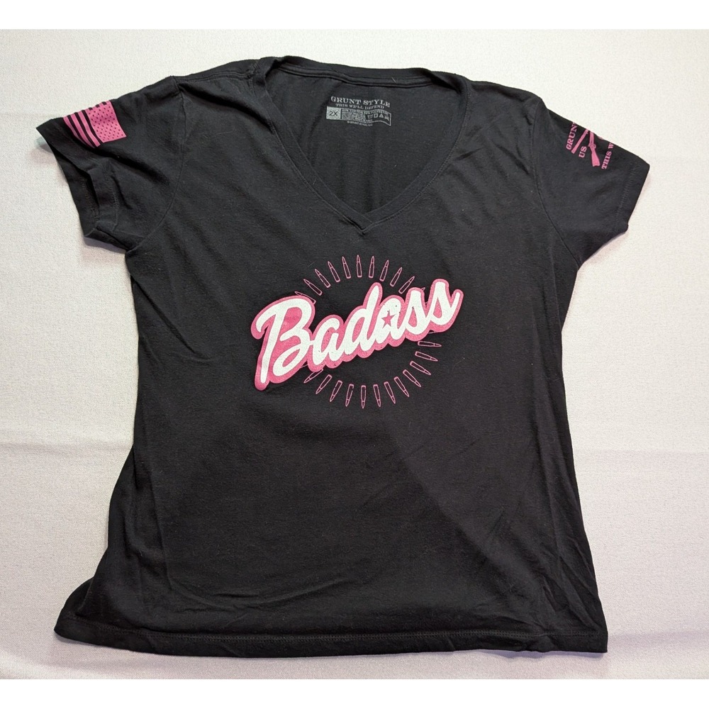 Grunt Style Badass Graphic T-Shirt Womens 2X Black Pink V-Neck Patriotic GS 1776